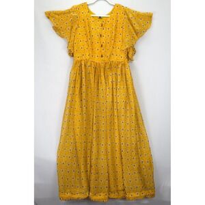 Neerus Boho Maxi Dress Pleated Women M Yellow Print Flutter Sleeve Lined Zip